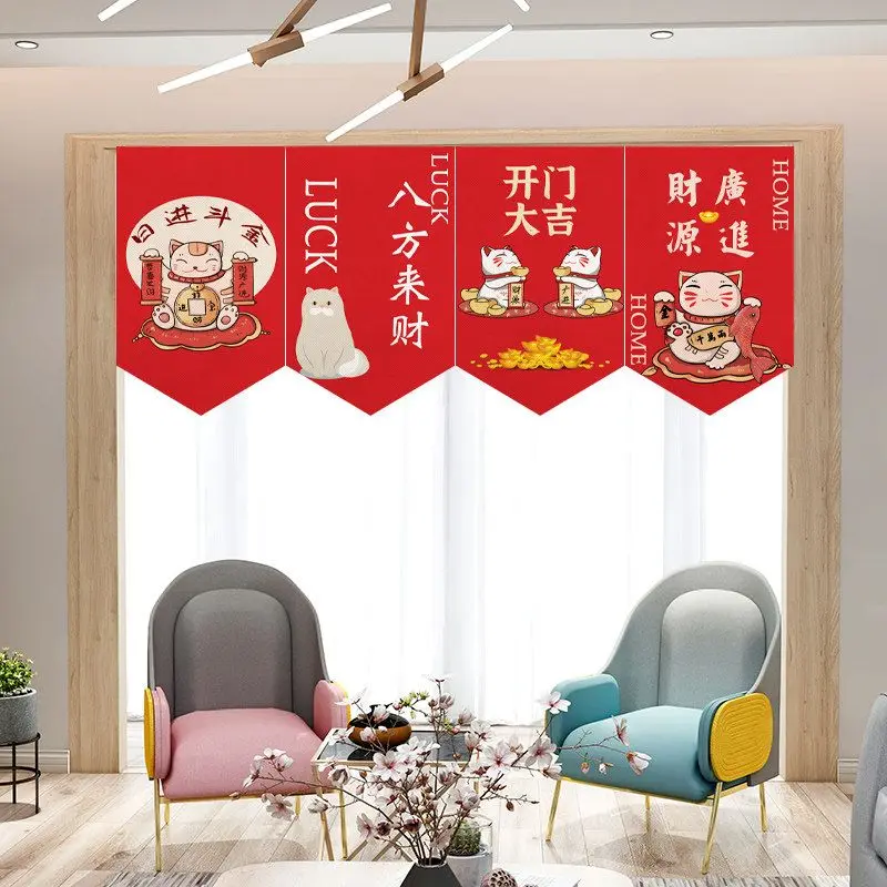 VIKAMA Cartoon Maneki Neko Triangle Hanging Flag Curtain Chinese New Year Pennant Shop Front Window Lucky Home Decor view 3