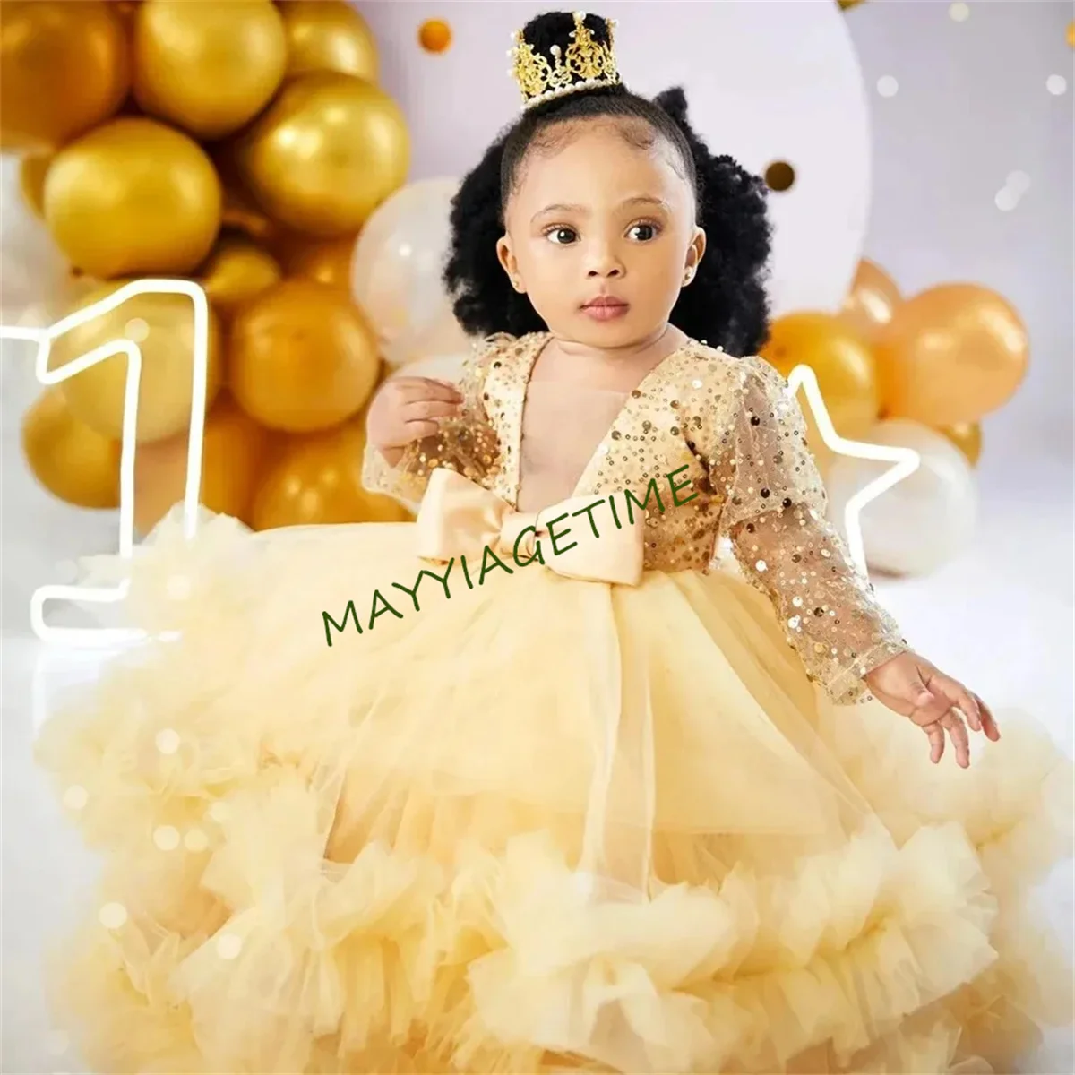 Lovely Sparkling Flower Girl Dress Champagne Long Sleeves Sequined Lace Tiered Tulle Ball Gowns Kids Birthday Party Dresses