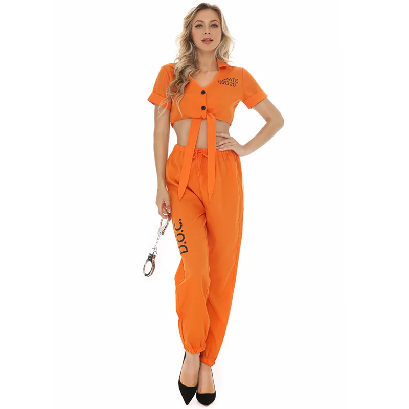 Halloween Prisoner Costume Loose elastic Adult Women's Orange Letter Printed Street Hip-Hop Split Lace-up Shirt