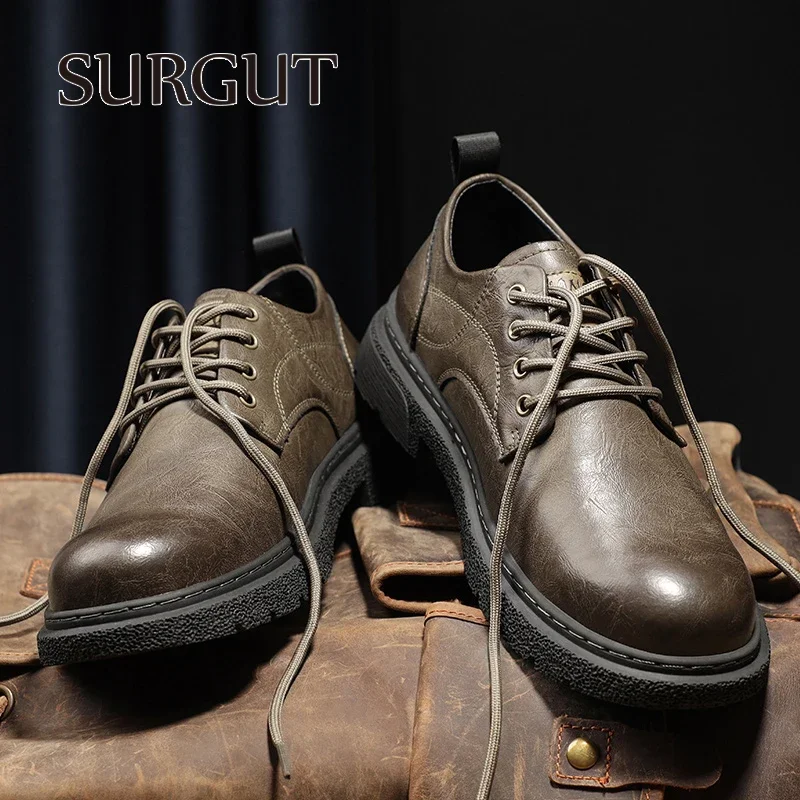 SURGUT Men Leather Casual Shoes Spring Vintage Classic Shoes For Men Comfort Handmade High Quality Working Men Shoes Big Size 46