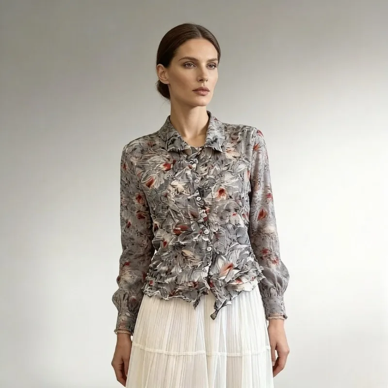 

Miyake Pleated Long Sleeve Floral Shirt Women 2026 High Elastic Slim Fit Pleats Printed Top Cardigan New Retro Fold Shirt