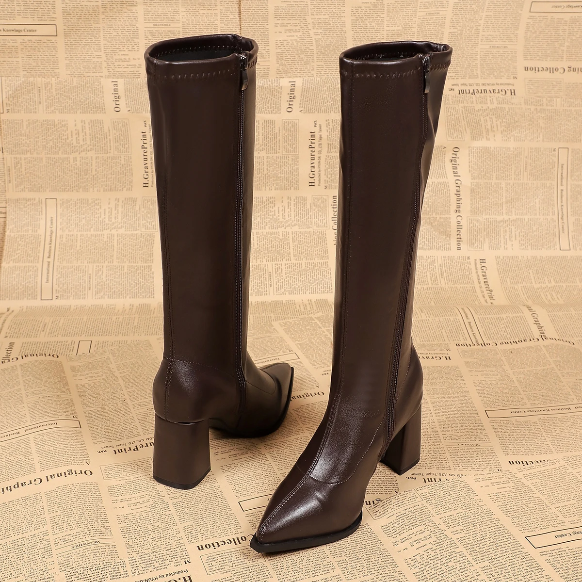 Pointed Toe Thick Heel Knee-High Boots, New Fall/Winter Style, Slimming and Height-Enhancing, Chic High-Heel Rider Boots