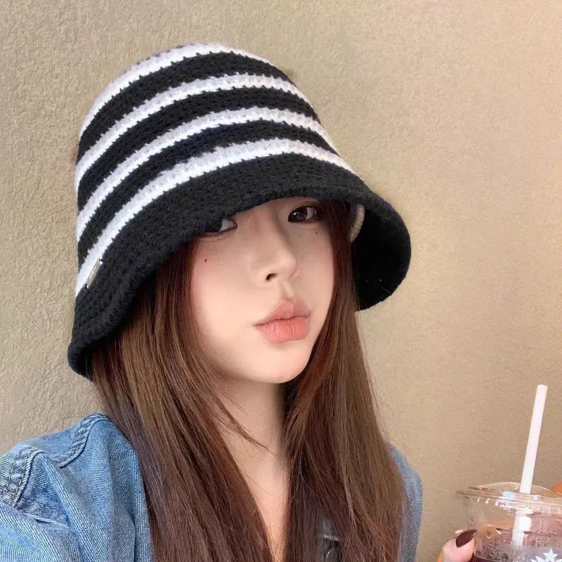 Fashion Plain Bucket Hat for Women Early Autumn Striped Knitted Strap Hat Simple Versatile Sunshade Casual Lightweight
