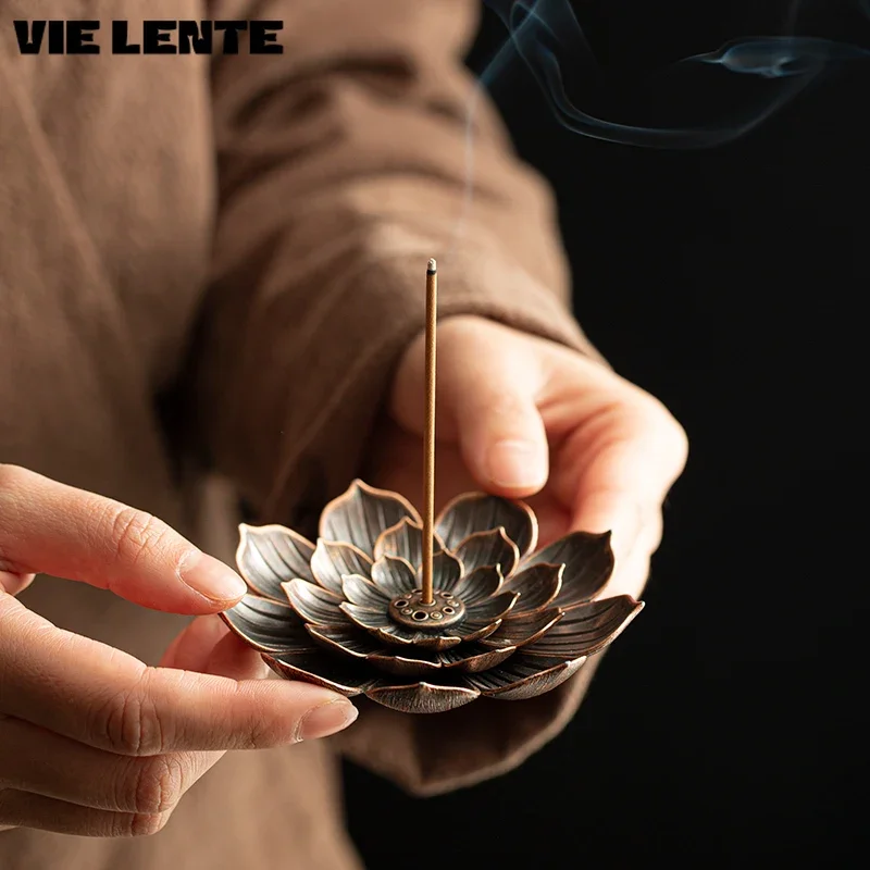 Alloy Lotus Incense Burner Stick Holder Buddhism Zen Line Plate Sandalwood Coil Base Temples Yoga Studios Home Decoration