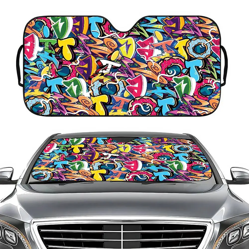 

Graffiti Alphabet Print Foldable Car Windshield Sunshade - UV Block, Front Window Cover, Car Accessory