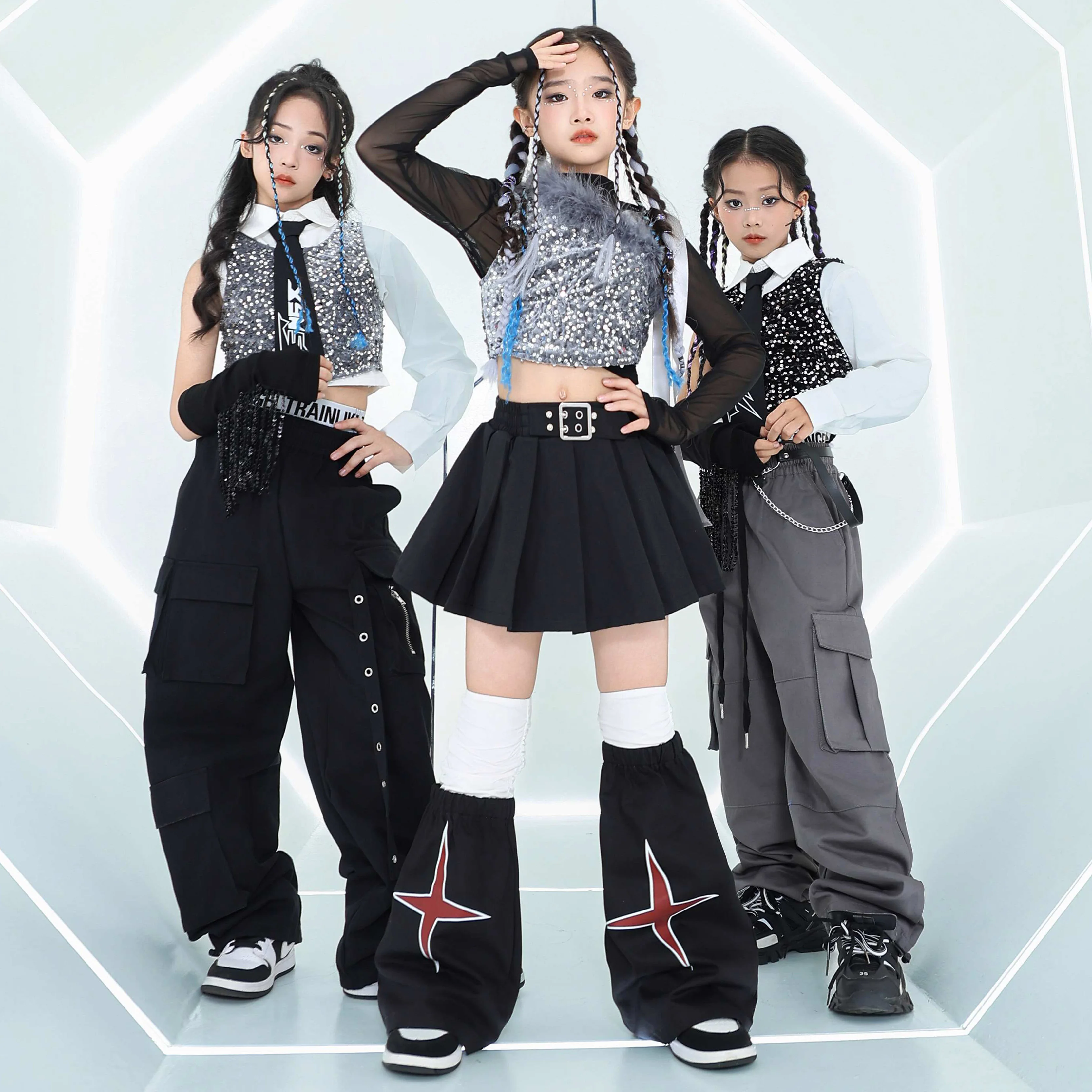 2024 Girls Jazz Dance Sequin Vest Hip Hop Dance Pants Kids Cheerleading Performance Suit Stage Clothing Street Dance Wear L14094