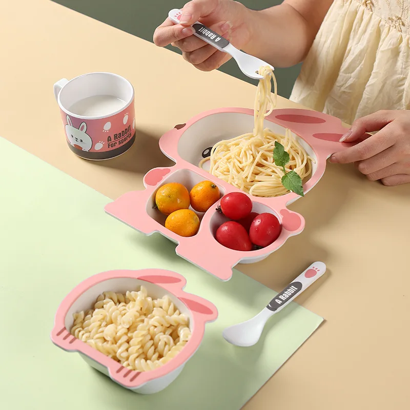 Cartoon Bamboo Fiber Baby Feeding Plate Children Tableware Tray Dish Bowl Fork Spoon Cup Food Training Dinnerware Set Kids Gift