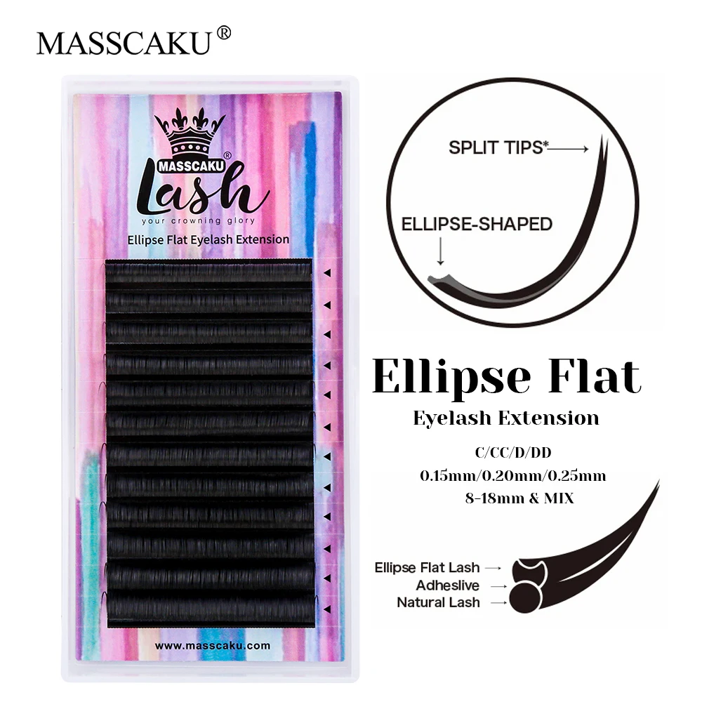 

Wholesale MASSCAKU Soft Waterproof Two Split Tips Eyelash Matte Dark Black Korea PBT Fiber Ellipse Flat Lashes Easy to Operate