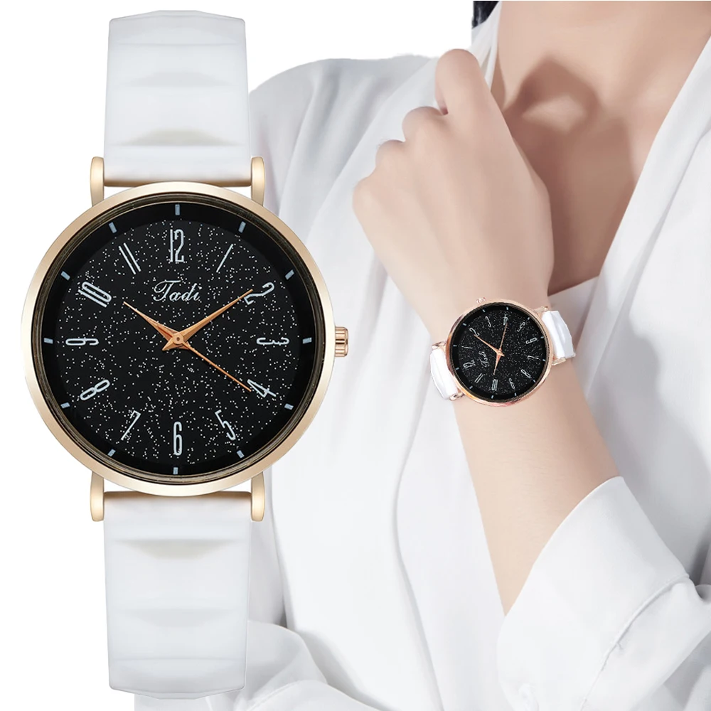 Simplicity Women's Fashion Number Quartz Watches Black Starry sky Dial Design Ladies Wristwatches Elegant Female Silicone Strap