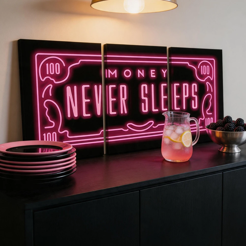 3pcs/Set Wooden Frame Canvas Wall Art, Neon Money Never Sleeps Quote Print, Living Room Bedroom Kitchen Office Home Decor - view 2