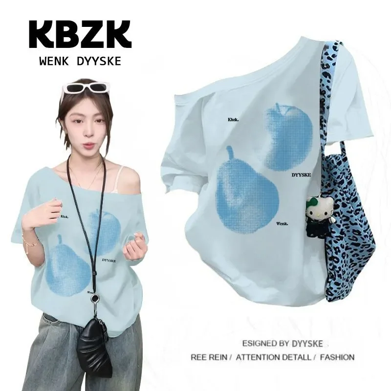 Women's Cotton Off-Shoulder T-shirt Loose Casual Summer Top With Pear Print