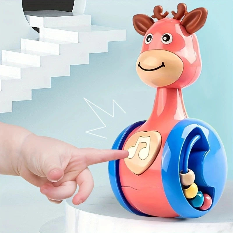 Baby Tumbler grzechotka przesuwany jeleń nauka zabawki edukacyjne noworodek gryzak niemowlę ręczny dzwonek prasa mobilna piszcząca zabawka Roly-Poly