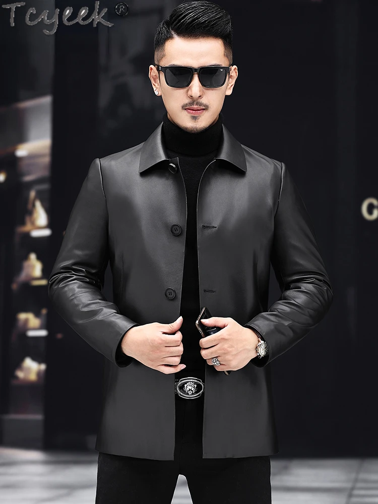 

Tcyeek Real Leather Jacket Men Autumn Winter Clothes Fashion Real Goatskin Down Coats Mid-length Jackets for Man Slim Fit 2023