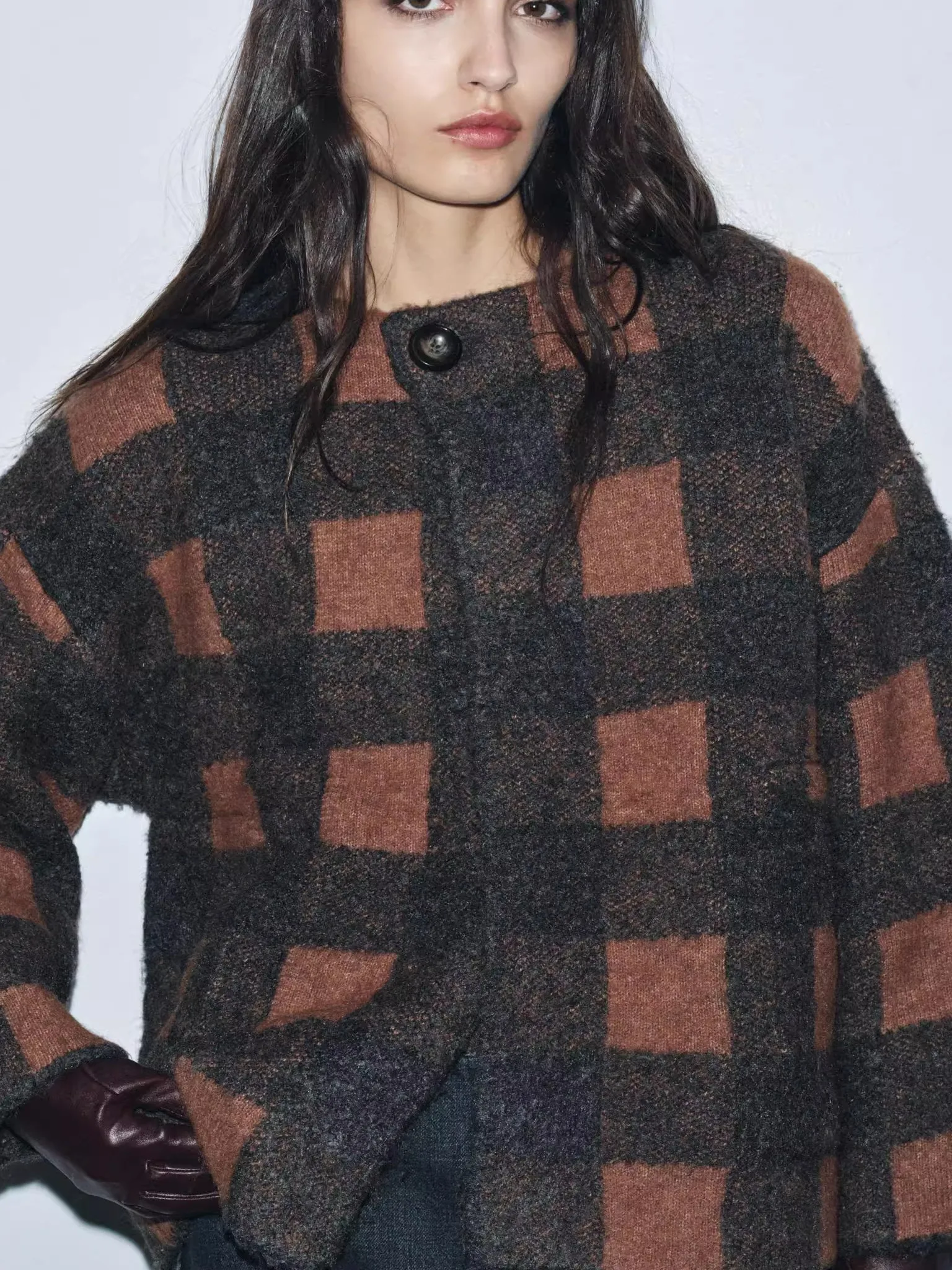 

Женский вязаный длинный свитер Sve round Ne в клетку, новый осенне-зимний кардиган на пуговицах из полиэфирного волокна