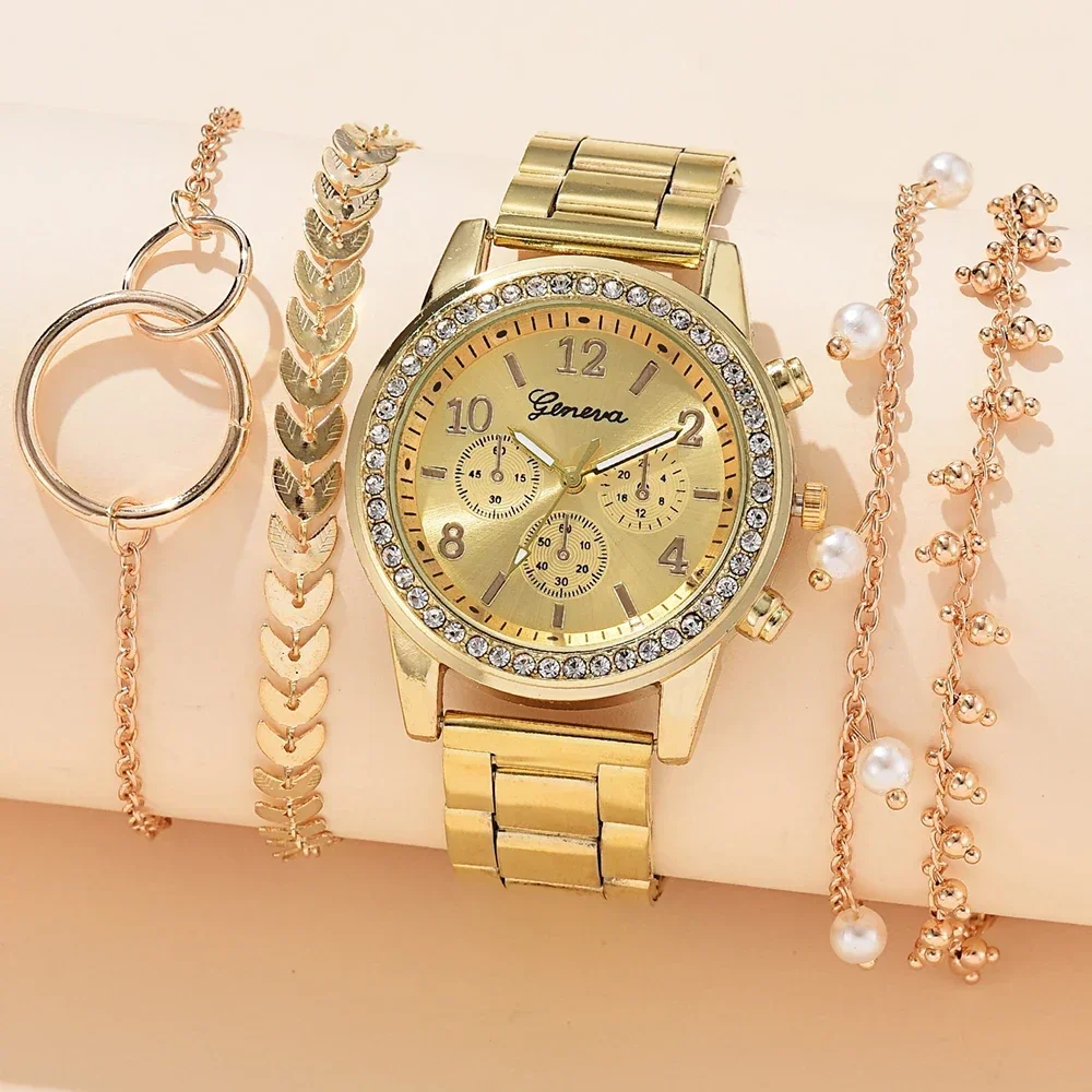 Fashion 4Pcs Women Watch Bracelet Set Silver Tone Multi-function Dial Crystal Bezel Quartz Wristwatch Pearl Leaf Chain Jewelry