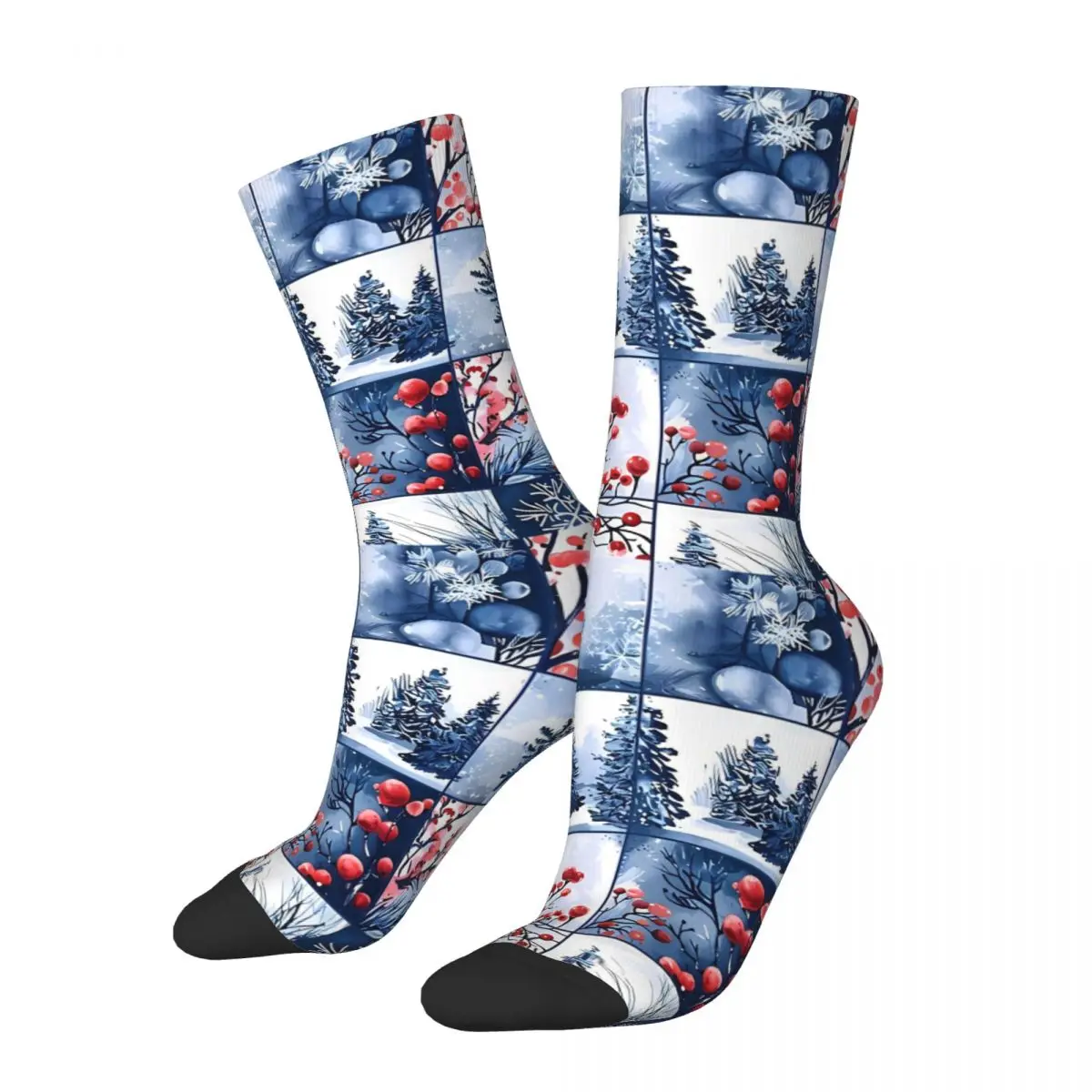 Male Men Socks Blue Winter Forest With Red Berries Patchwork Sock Christmas Graphic Women Socks Spring Summer Autumn Winter