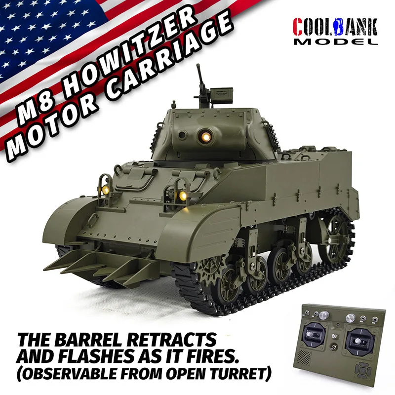 Library soldier M8 Scott 1/16 electric remote control tank military model toy army green camouflage two colors optional.