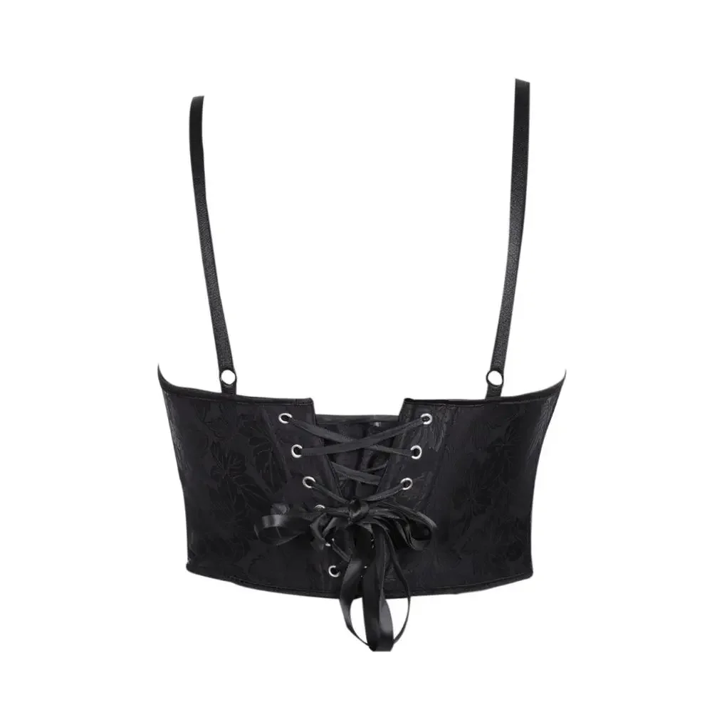 Black Floral Jacquard Corset Top with Adjustable Spaghetti Straps Lace Cup Bustier Front Hook Closure And Back Lace up Detail