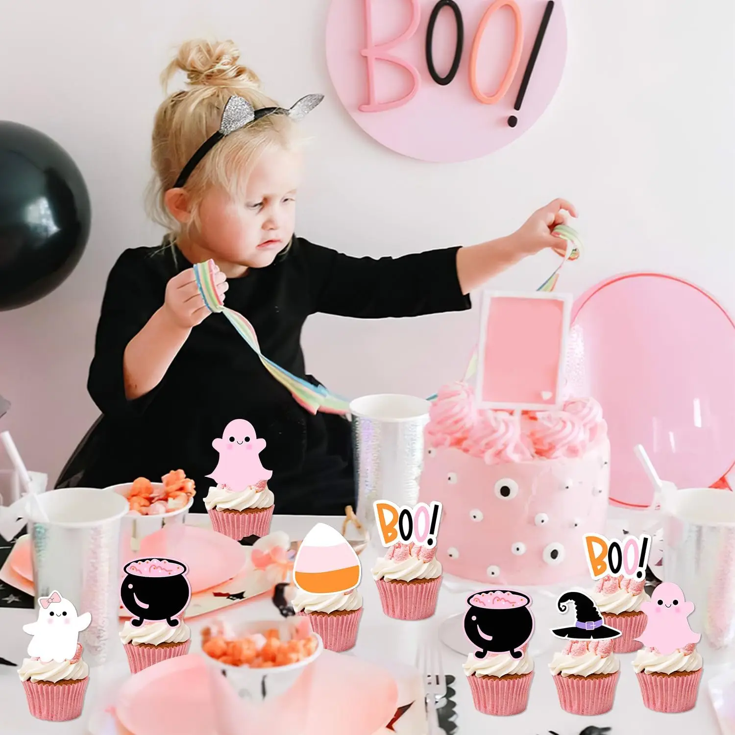 Fangleland 36Pcs Pink Halloween Ghost Witch Hat Boo Cake Decorations for Gilrs Birthday Party Baby Shower Party Decro Supplies