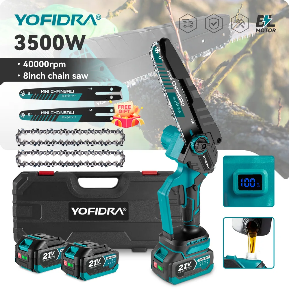 YOFIDRA Bürstenlose 8-Zoll-Elektro-Astsäge, Kettensäge, wiederaufladbar, Holzbearbeitungssäge, Elektrowerkzeug, kompatibel mit Makita 21V Akku.
