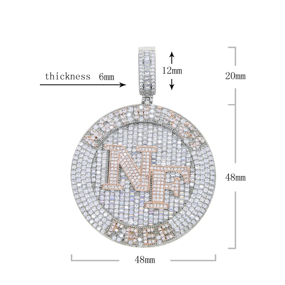 New Iced Out Bling CZ Letter NF Pendant Necklace Cubic Zirconia Round Nothing's Free Badge Charm Men Hip Hop Jewelry