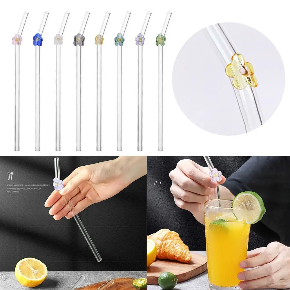 Glass Flower Glass Straws Transparent Heat-resistant Straight Bend Straws Drinkware Reusable Drinking Straw for Bar Accessories