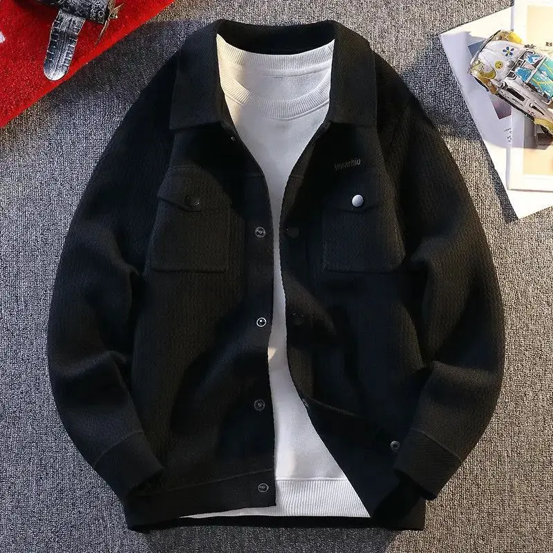 

High-End Knitted Open Cardigan Jaet Men's Autumn Winter Faionable Collared Long Sve Slim Fit PU Leather Sweater Coat