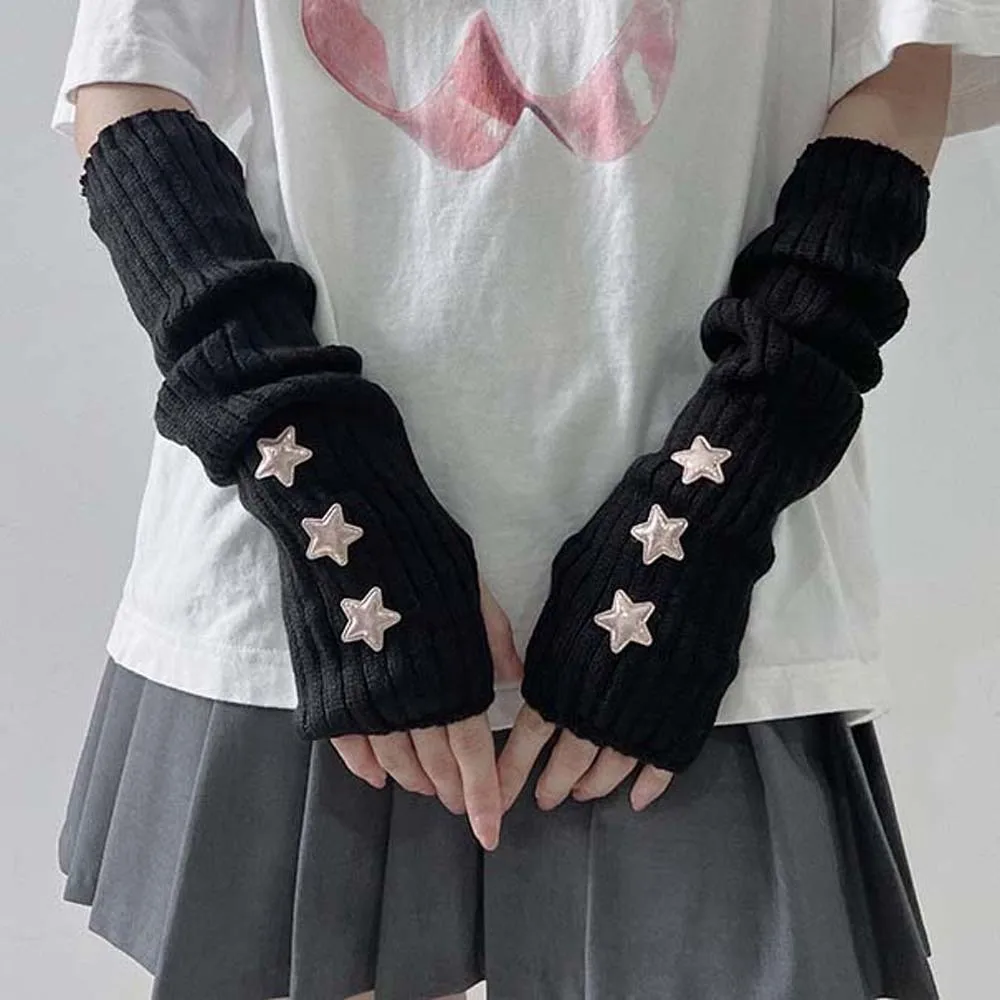 Maniche senza dita lavorate a maglia elastica Lungo tinta unita Y2K Copribraccio a stella Raffreddo scaldino hip-hop Polsino lungo da esterno