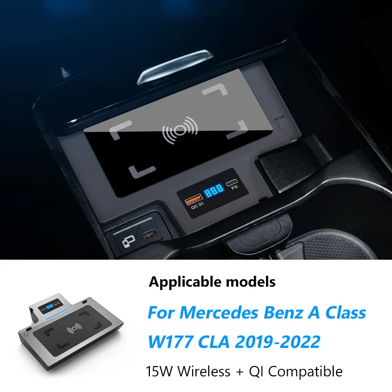 

For Benz A Class W177 CLA C118 GLA H247 GLB X247 AMG 2019-2022 Car QI Wireless Charger Cigarette Lighter Mounting Accessories