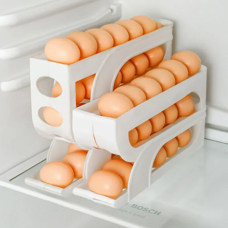 

Slide Egg Storage Box Tray Space-Saving Automatic Rolling Fridge Egg Dispenser for Home Cabinets Kitchen Egg Storage Supplies