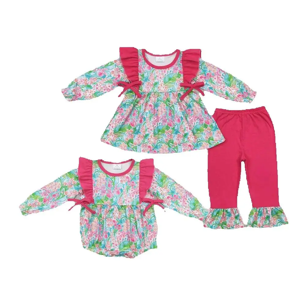 

Baby Girls Dark Pink Seaweed Sibling Sister Rompers Clothes Sets
