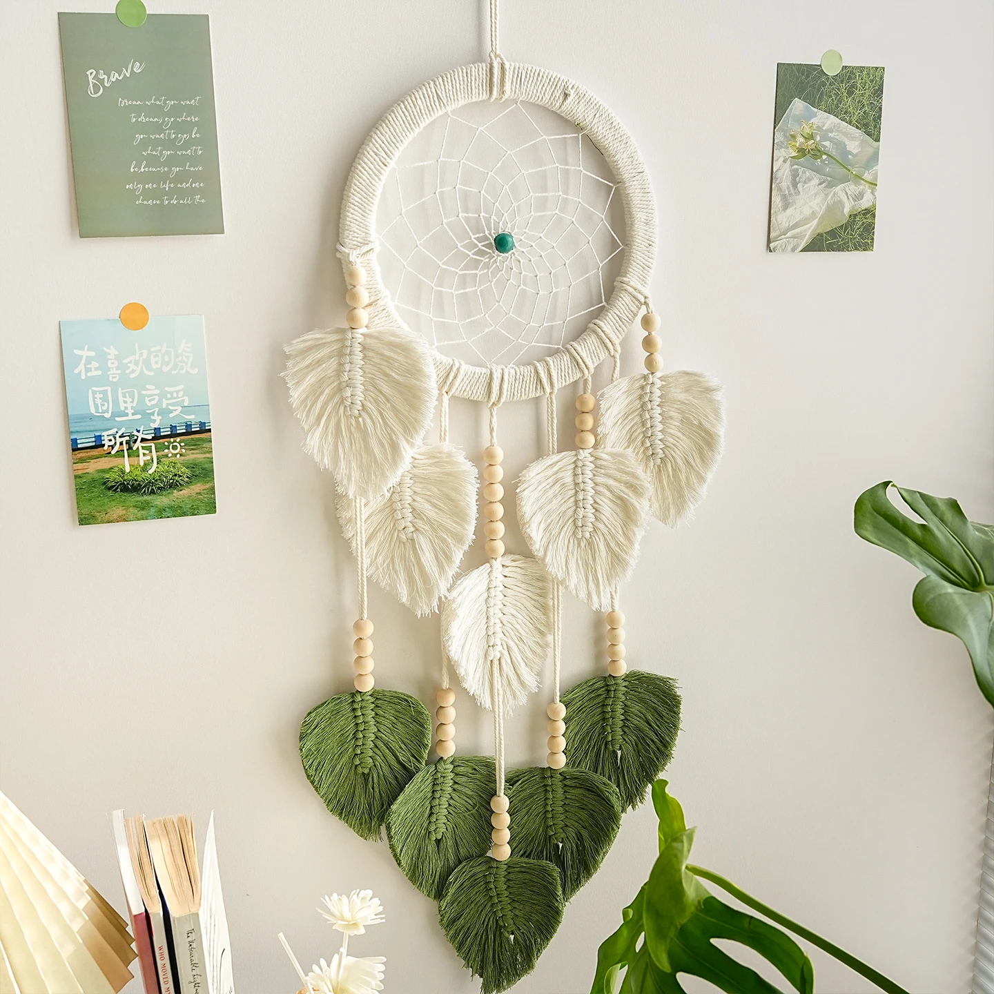 Bohemian Handmade Dream Catcher Wall Tapestry Green  Cream Leaf Fringe Wood Beads Wall Art for Living Room Background Decoration