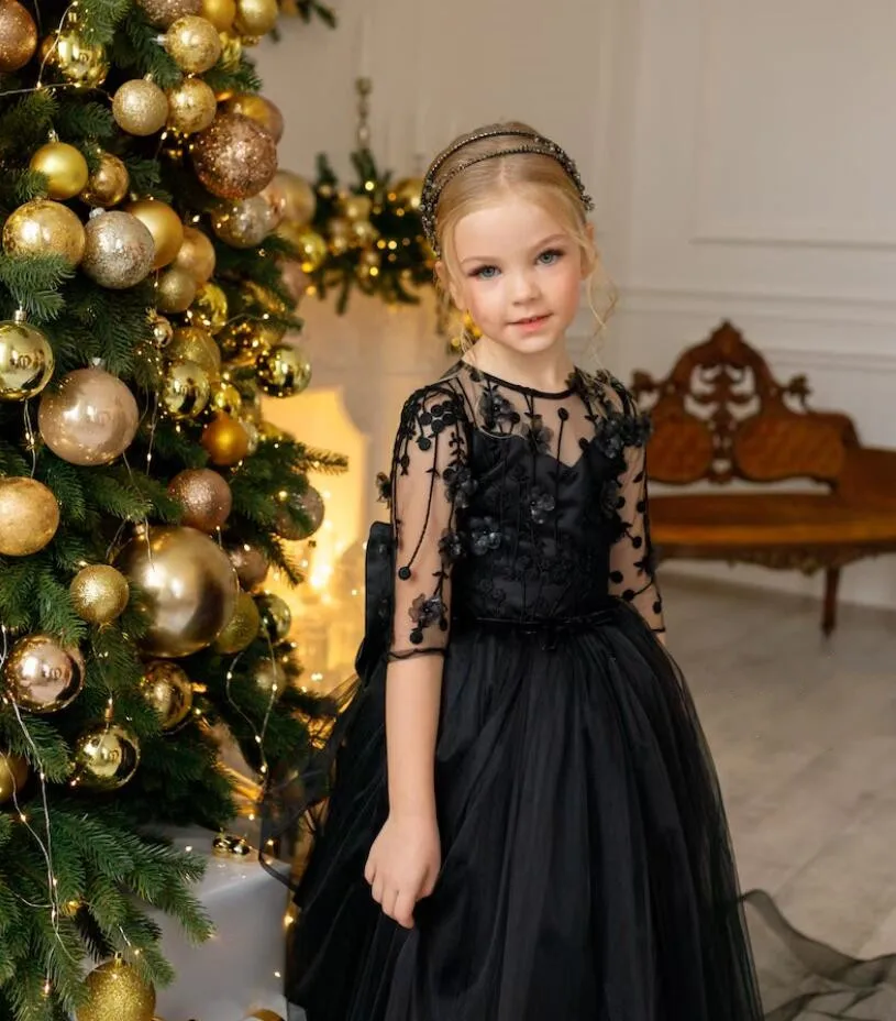 Robe de demoiselle d'honneur en organza de dentelle noire pour mariage, manches longues, dos transparent, robe de fête d'anniversaire pour bébé fille, robe de Noël