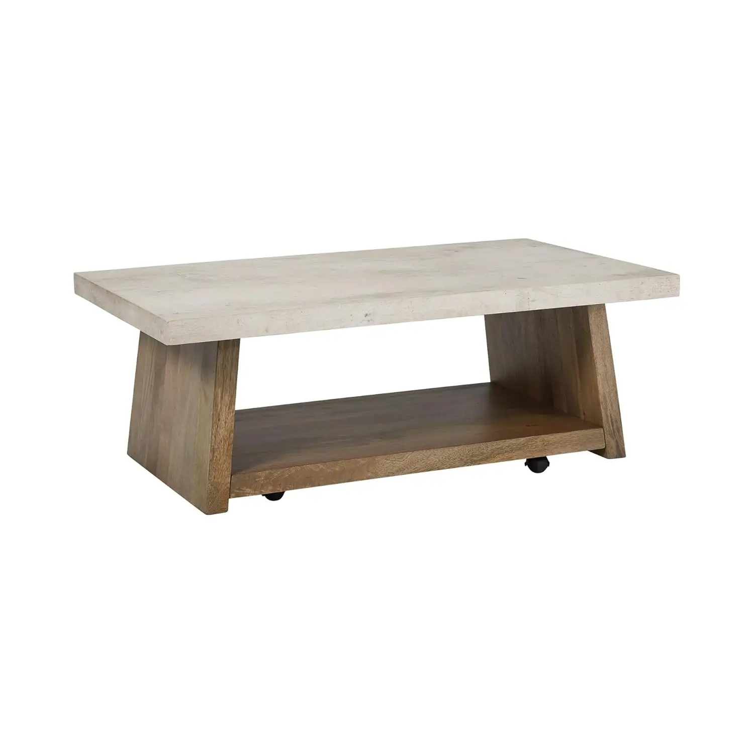 

Casual Coffee Table With Faux Cement Top, Bottom Shelf And Casters, Light Brown & White