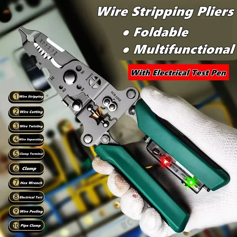 Foldable Multifunctional Electrician Pliers for Wire Stripping, Voltage Testing, Cable Cutting and Crimping