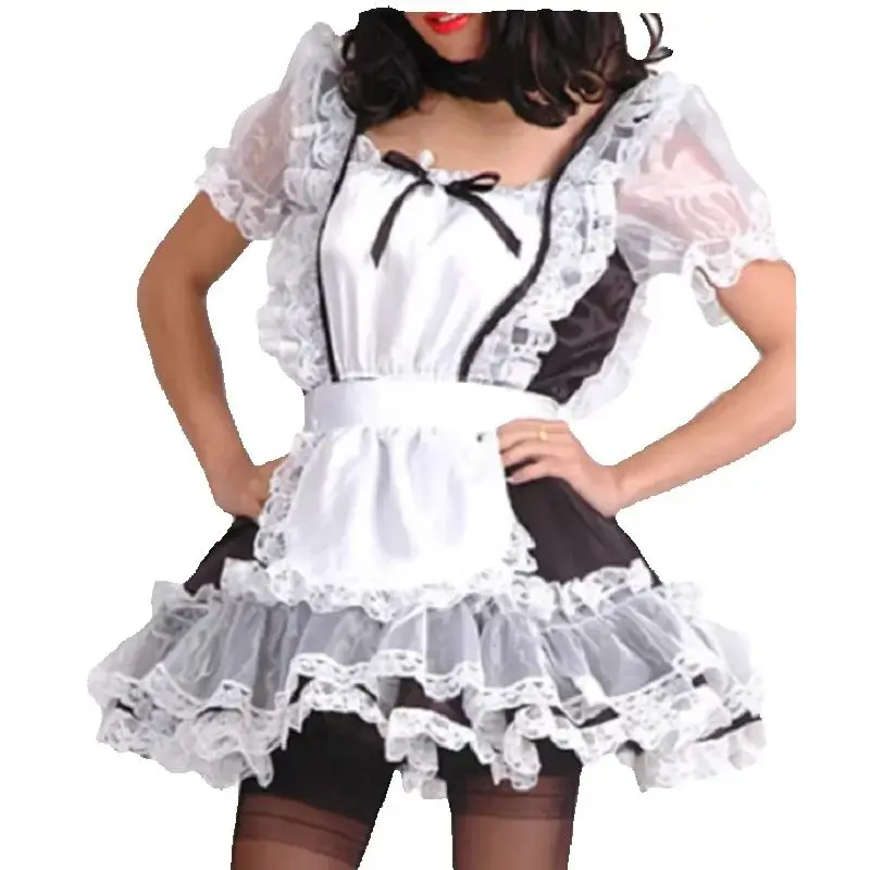 

Black And White Patchwork Translucent Tulle Satin Lace Patchwork Independent Apron Square Neck Fluffy Bubble Sleeve Dress