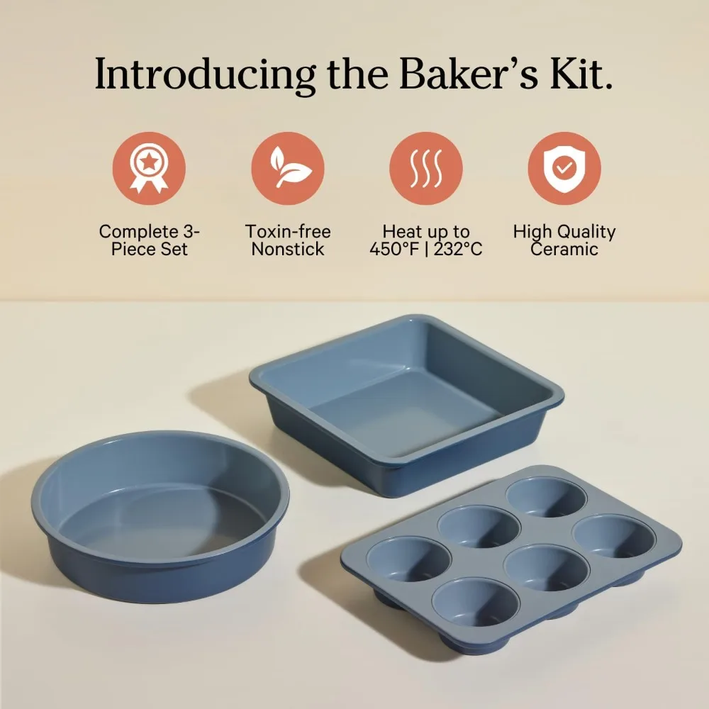 

Набор Wonder Oven Baker — набор из 3 керамических форм для выпечки без токсинов с антипригарным покрытием, безопасная в духовке до 450 лет ° F Синяя Соль