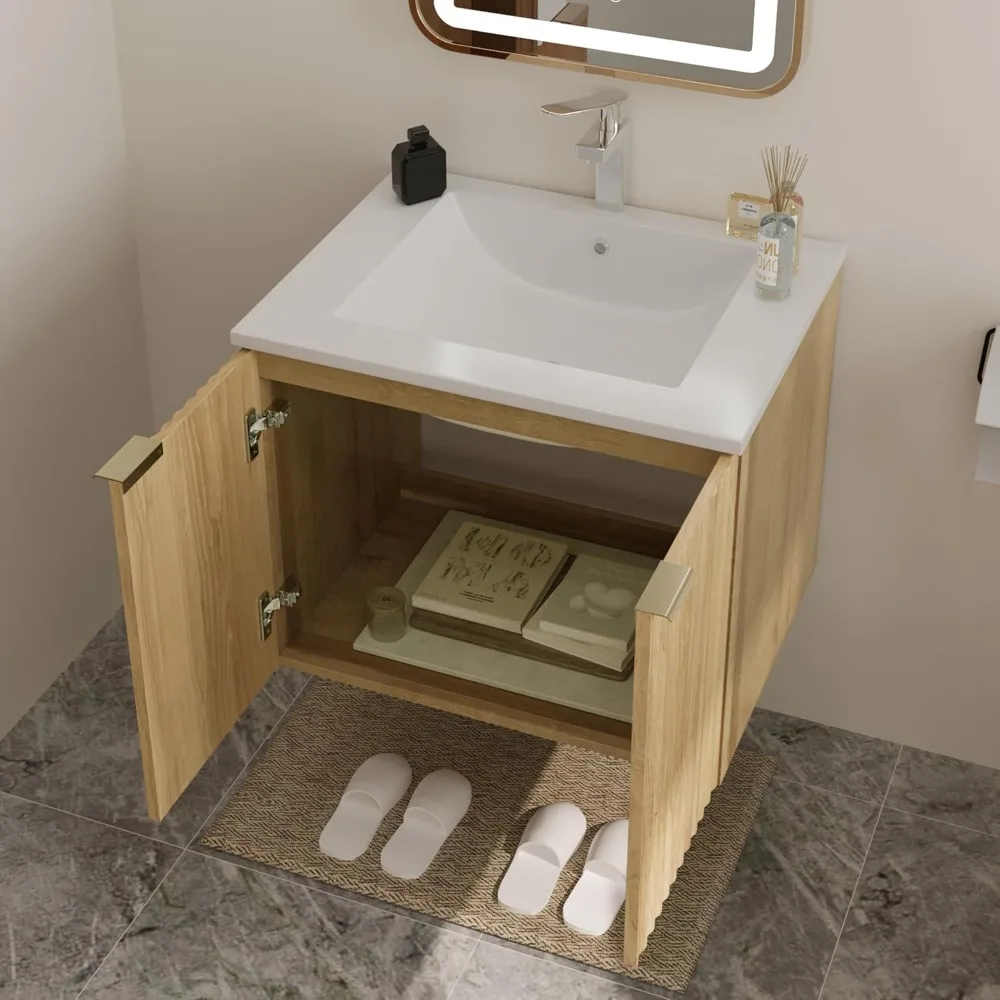 Mobile da bagno moderno con lavabo e ante testurizzate ondulate - Mobiletto galleggiante a parete, contenitore impermeabile con chiusura ammortizzata