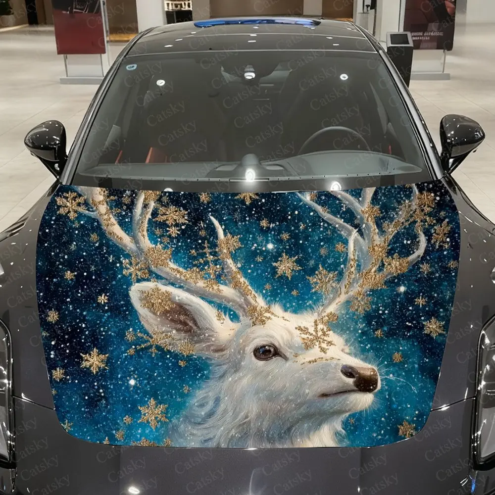 Snowflake Deer Car Hood Graphic Stickers, Car Aesthetics, Eye-catching Pattern Decorations, PVC Waterproof Self-adhesive Sticker
