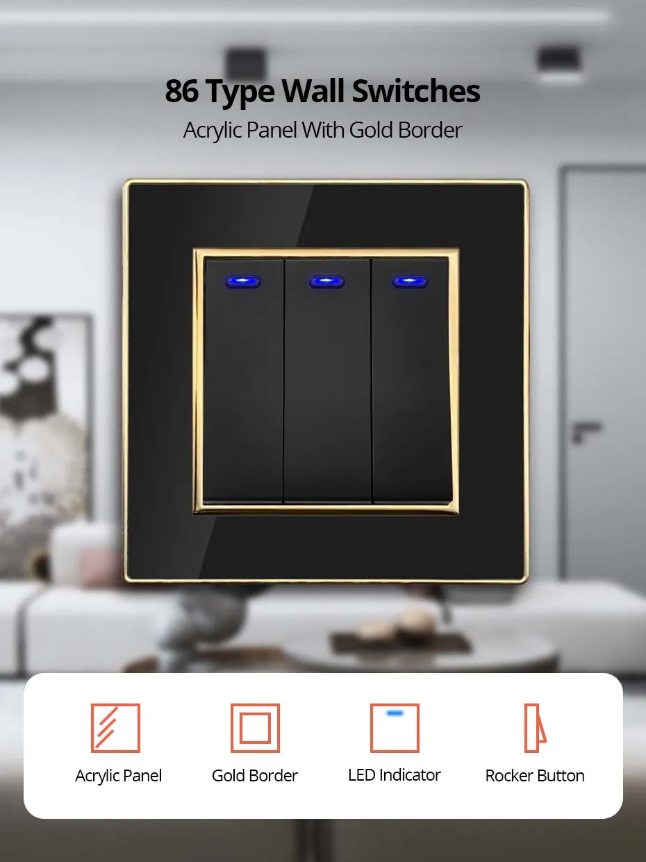 Wallpad EU-Steckdose mit USB, schwarzes Acryl-Panel mit goldenem Rand, 2-Wege-Wandlichtschalter mit LED-Bewegungssensor – Detail 4