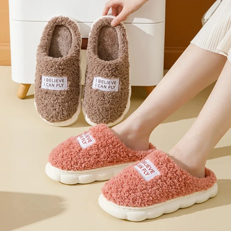 Ladies Plush Cotton Shoes Thick Sole Home Indoor Outside Women Winter Household Warm Fluffy Slippers