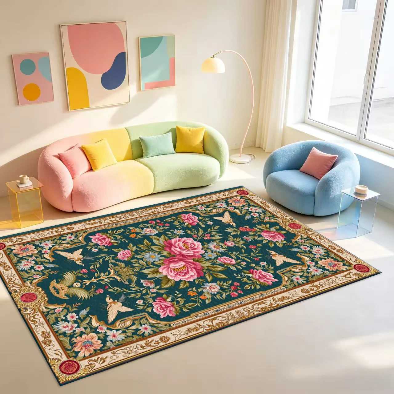 Luxurious Peony Bird Carpet Floor Mat with Vintage Baroque Floral Ornate Border for Living Room