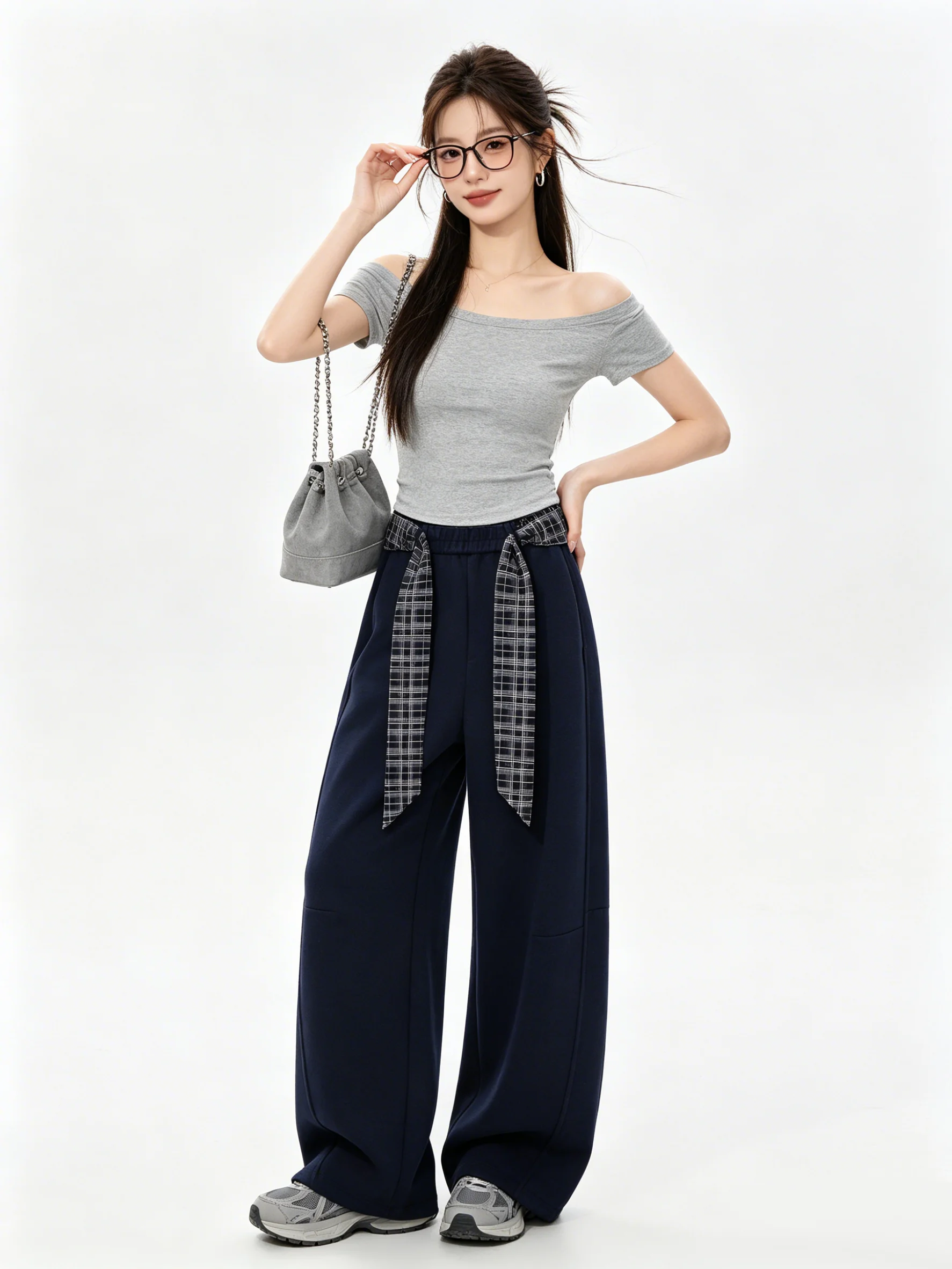 

High Waist Wide Leg Pants Plaid Design Elastic Waist Belt Slimming Spring Long Trousers Casual Style Women's Fashion