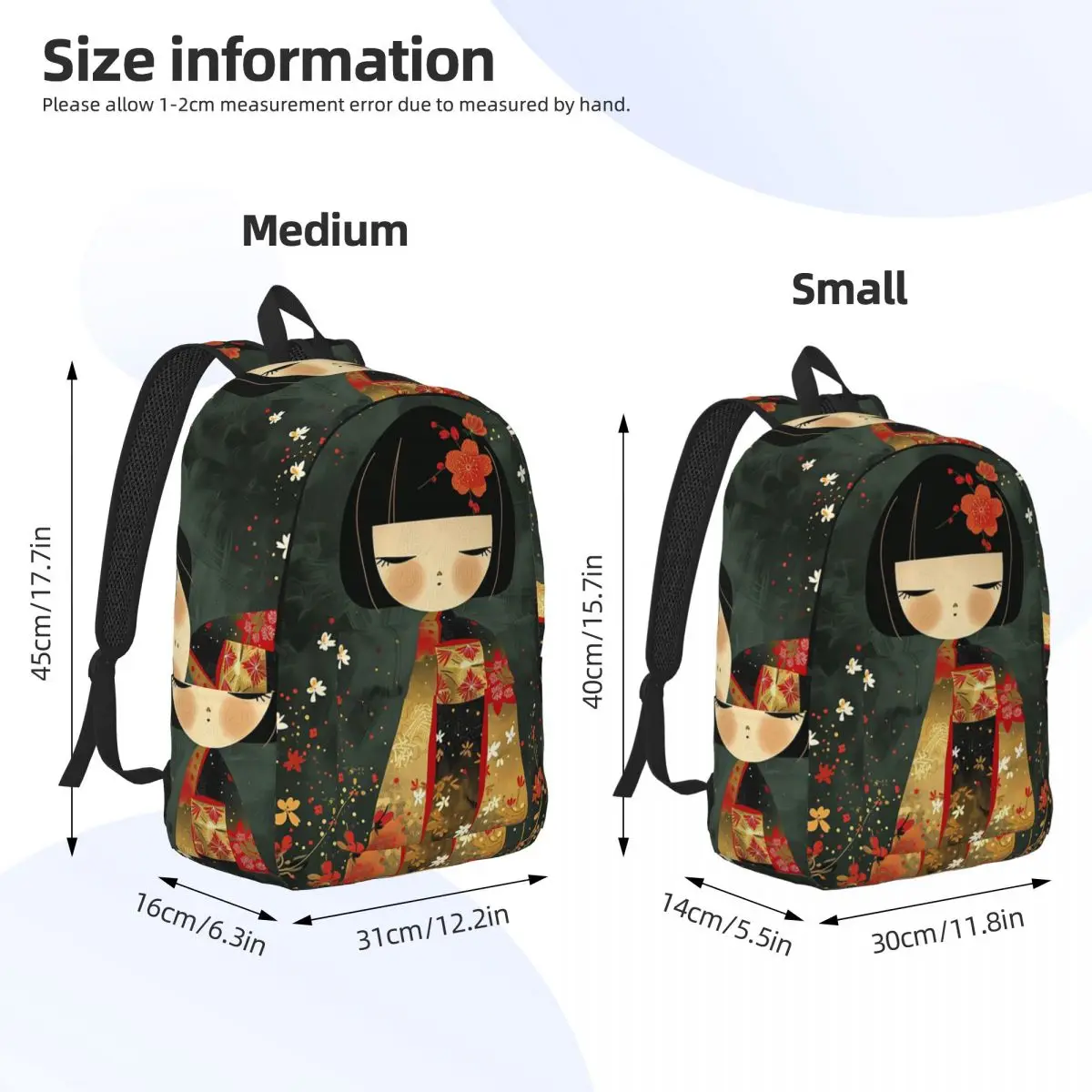 Kokeshi Doll Japanese Artwork Backpack Daypack Large Capacity Kids BookBag School Bag Shoulder Bags for Men Women