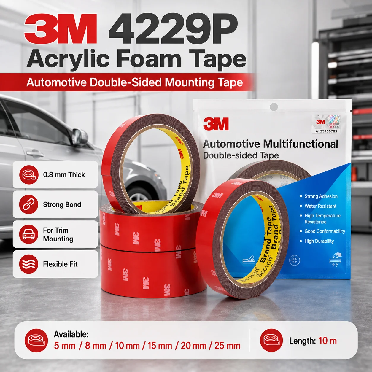3M 4229P Double Sided Acrylic Foam Tape Strong Adhesive for Car Trim Molding Emblem Rain Guard 0.8mm x 10m