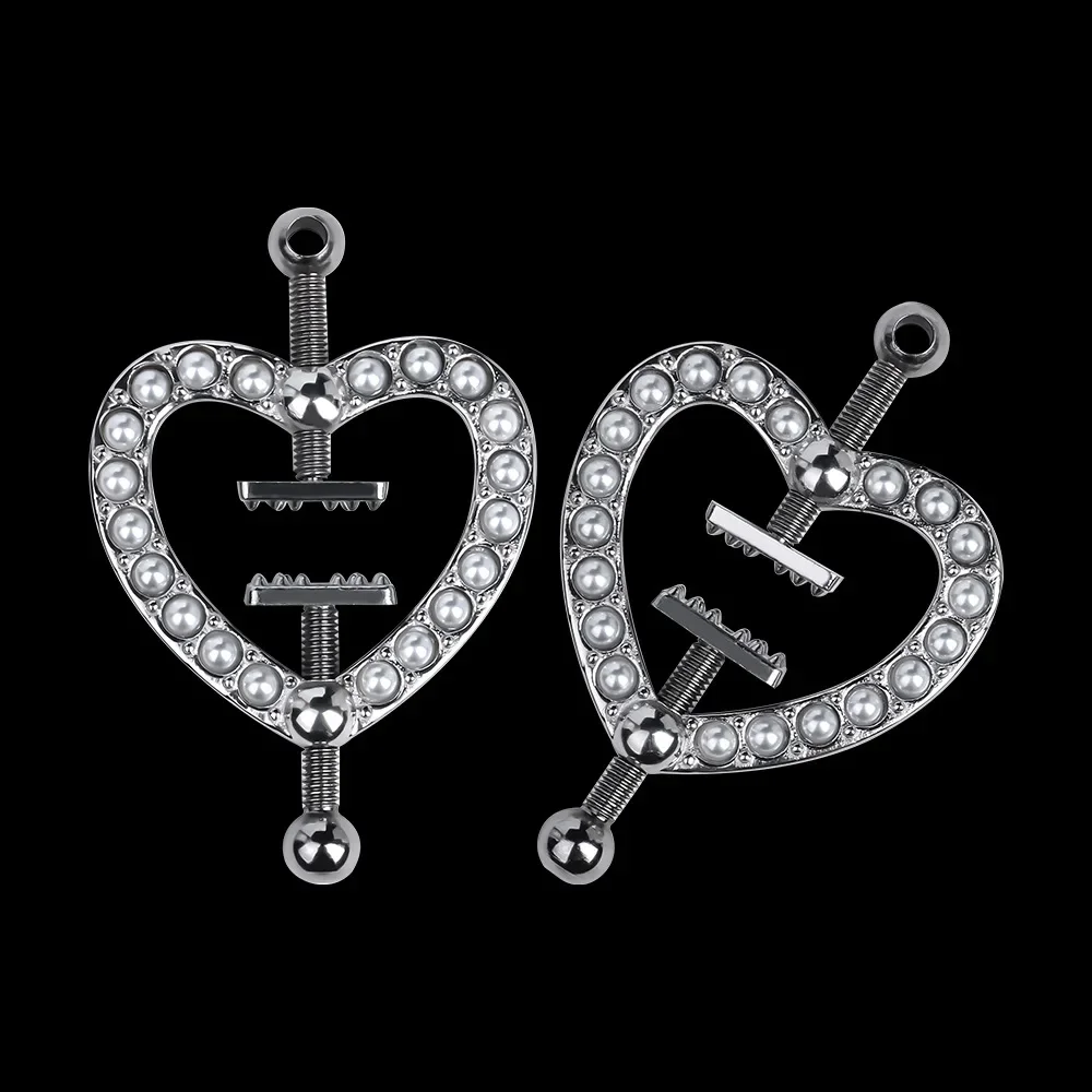 Fashion Stainless Steel Nipple Clips with Chains and Belts Couple Playing Love Shaped with Pearl Decor Female Wearing Adult Toys