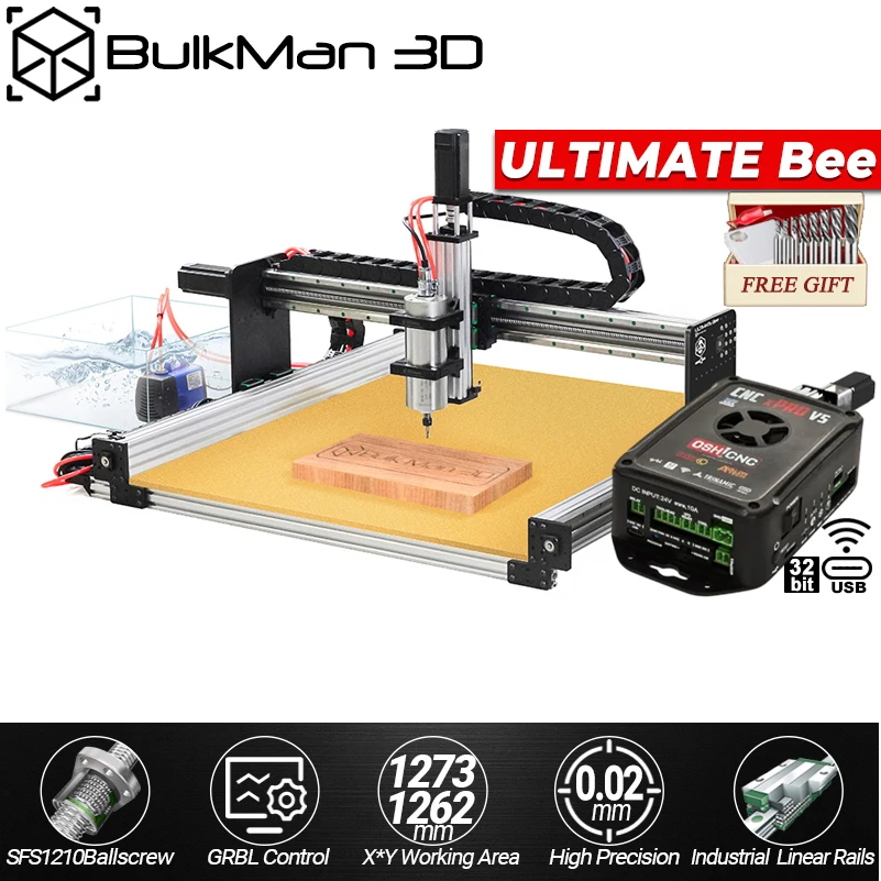BulkMan3D ULTIMATE Bee 4-Axis CNC Engraver XPROV5 GRBL HGR Rails SFS1210 Ball Screws for Wood Metal Plastic Cutting Engraving