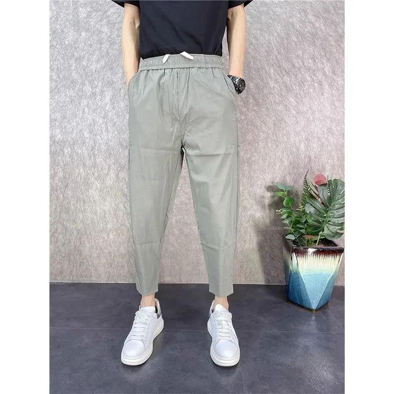 Ice silk trendy brand harem pants men's summer thin style 2025 new trendy versatile loose tying feet nine-point casual pants