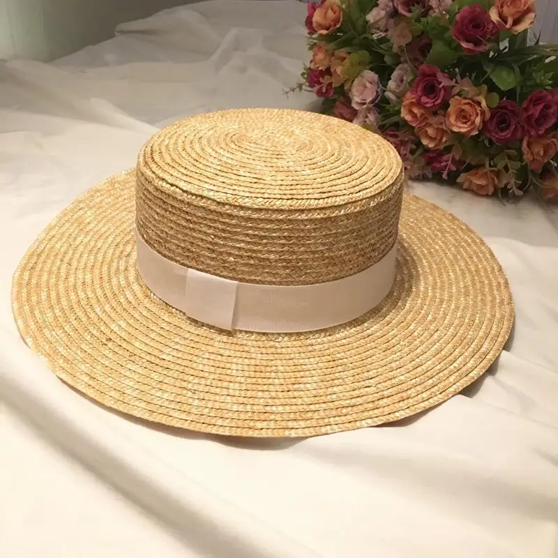 

Natural Superfine Flat Top Straw Hat Black And White Cloth Flat Brim Small Hat Beach Sun Hat Wild Hat Summer