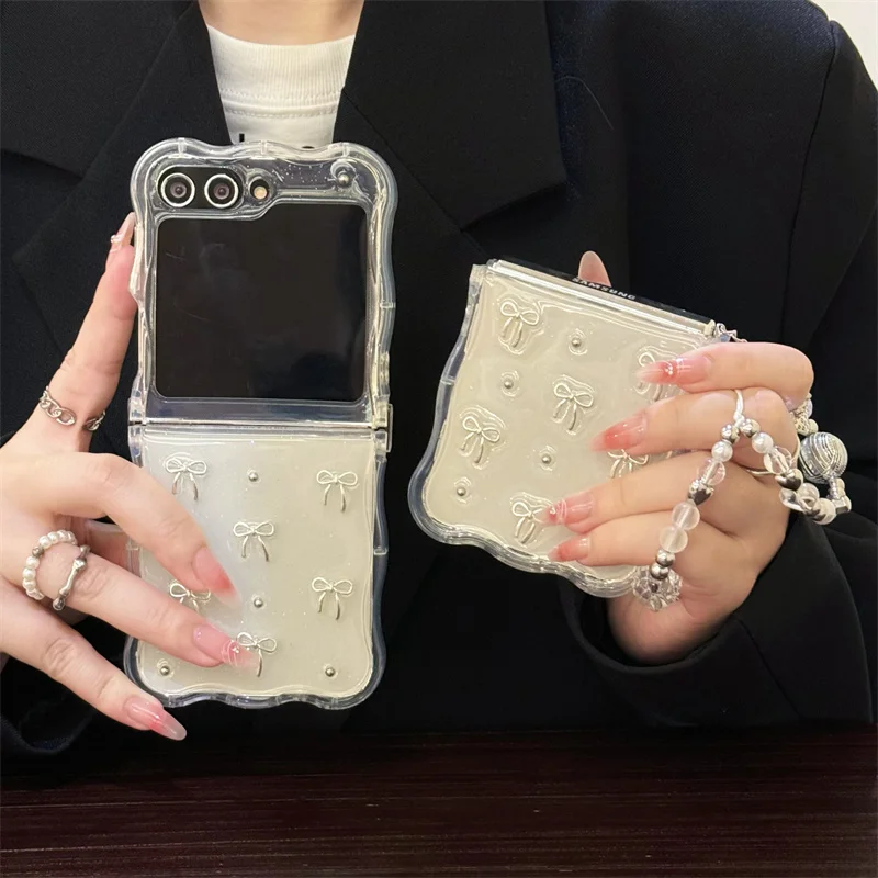 Phone Case For Samsung Galaxy Z Flip 3 4 5 3D Cute Silver Bow Bracelet Wave Clear Shockproof Cover For Samsung Z Flip5 ZFlip5